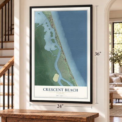 Crescent Beach, Florida map, 24 x 36 inch print in a black frame by a staircase