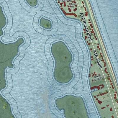 Close-up of the map of Crescent Beach, Florida print showing street and building detail