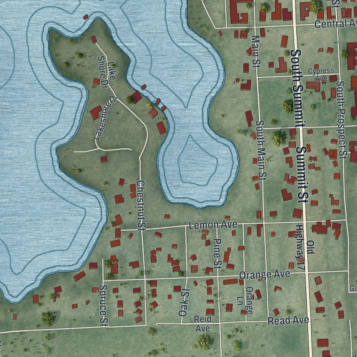 Close-up 2 of the Crescent City, Florida map artwork