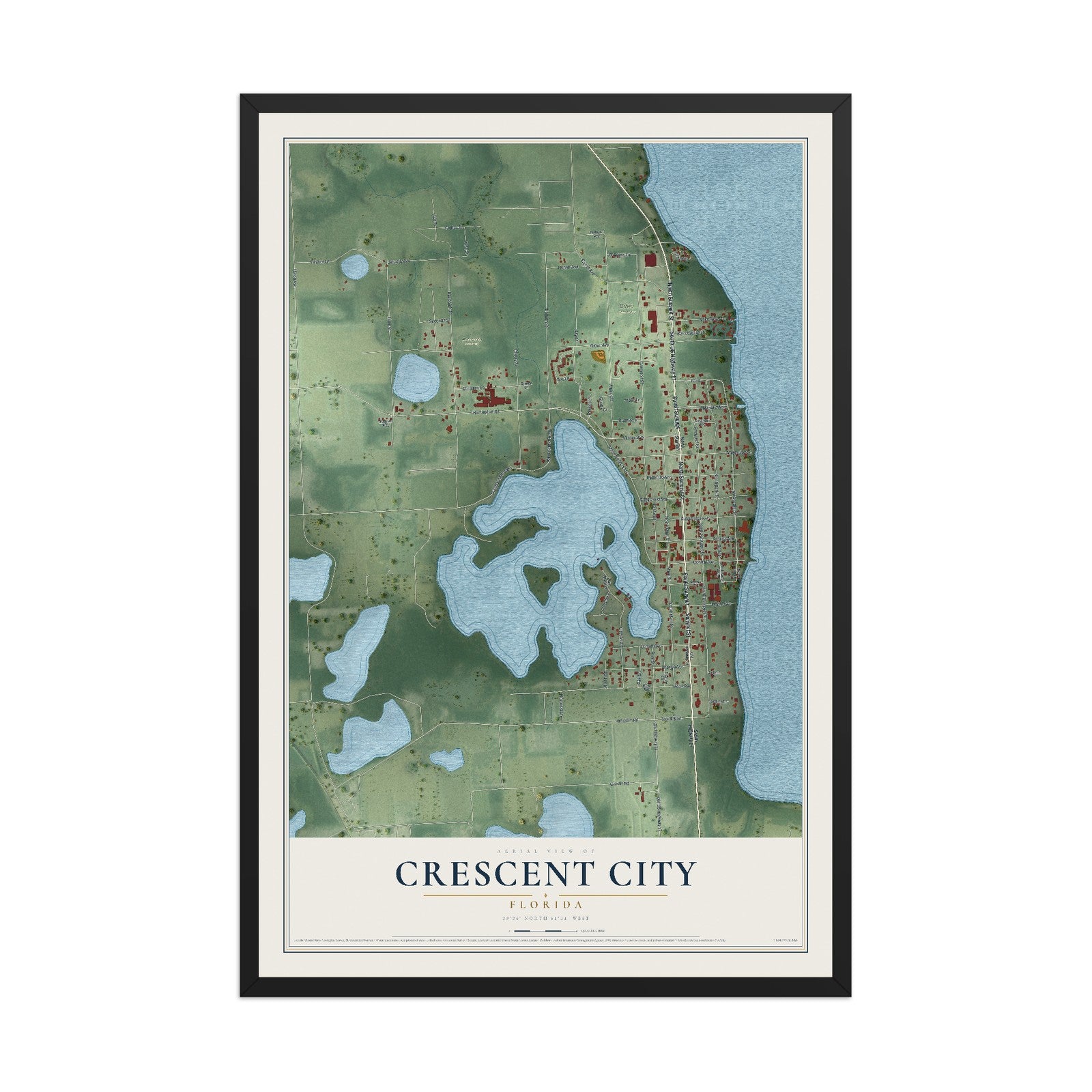 Crescent City, Florida map print, 12" x 18" W/ Black Ayous Wood Frame mockup