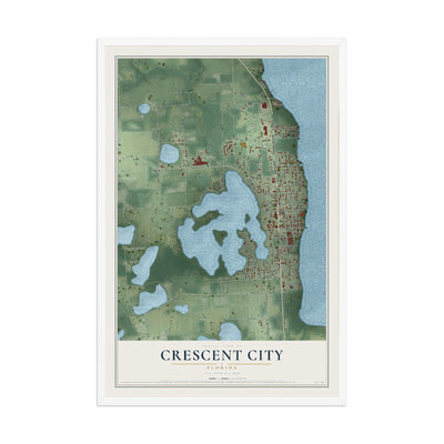 Crescent City, Florida map print, 12" x 18" W/ White Ayous Wood Frame mockup