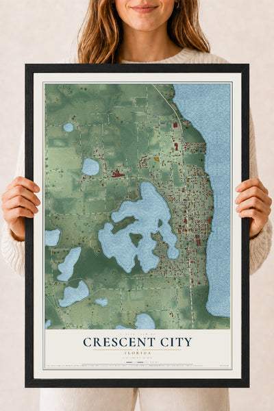 Crescent City, Florida map print, 18" x 24" W/ Black Ayous Wood Frame mockup