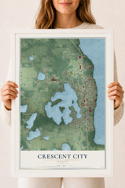 Crescent City, Florida map print, 18" x 24" W/ White Ayous Wood Frame mockup