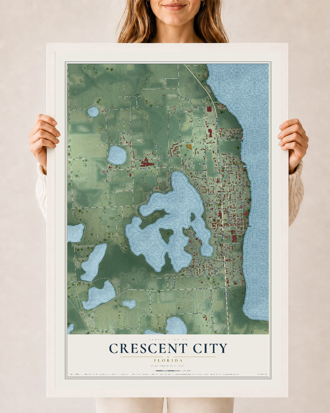 Crescent City, Florida map print, 24" x 36" W/ White Ayous Wood Frame mockup
