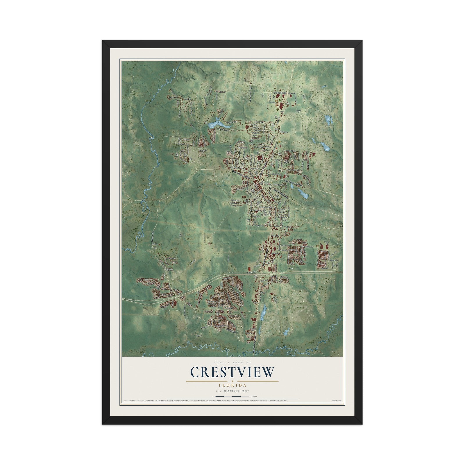 Crestview, Florida map print, 12" x 18" W/ Black Ayous Wood Frame mockup