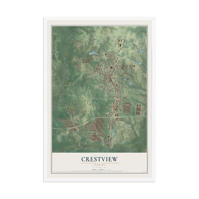 Crestview, Florida map print, 12" x 18" W/ White Ayous Wood Frame mockup