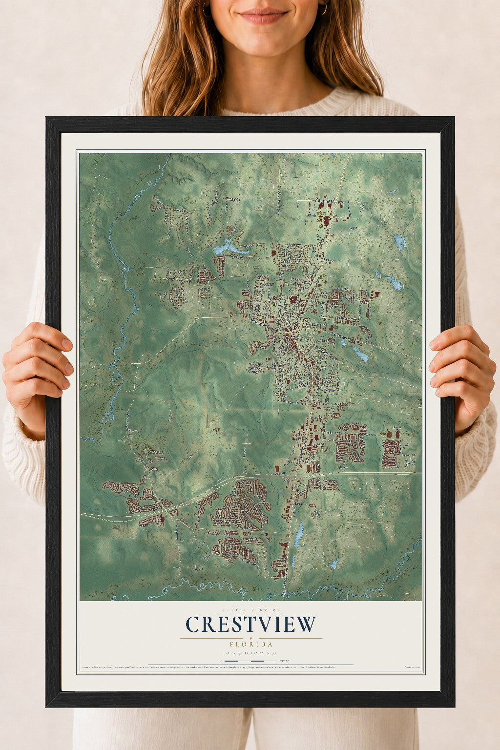 Crestview, Florida map print, 18" x 24" W/ Black Ayous Wood Frame mockup