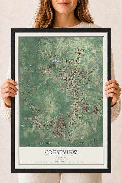 Crestview, Florida map print, 18" x 24" W/ Black Ayous Wood Frame mockup