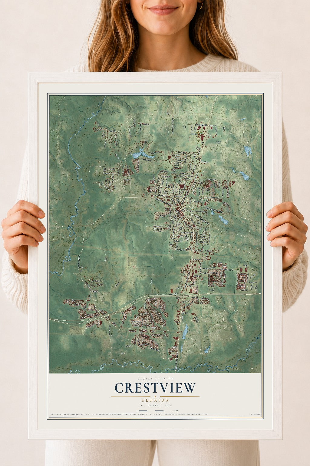 Crestview, Florida map print, 18" x 24" W/ White Ayous Wood Frame mockup