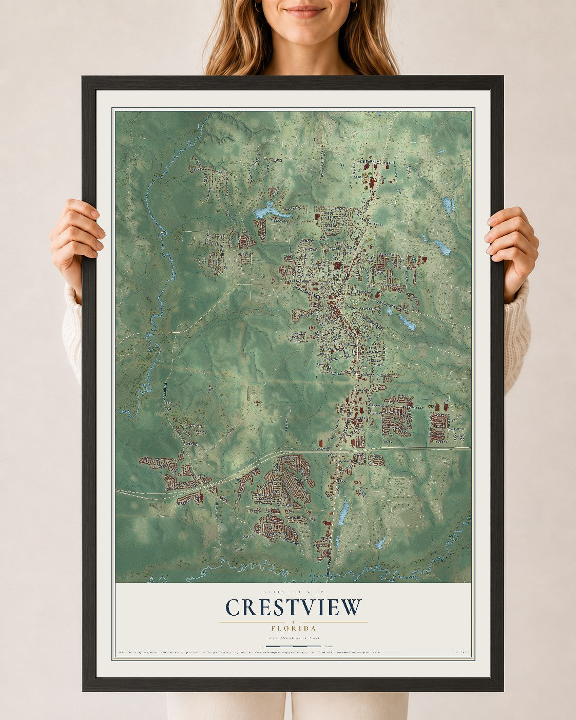 Crestview, Florida map print, 24" x 36" W/ Black Ayous Wood Frame mockup