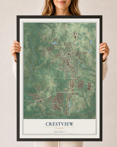 Crestview, Florida map print, 24" x 36" W/ Black Ayous Wood Frame mockup