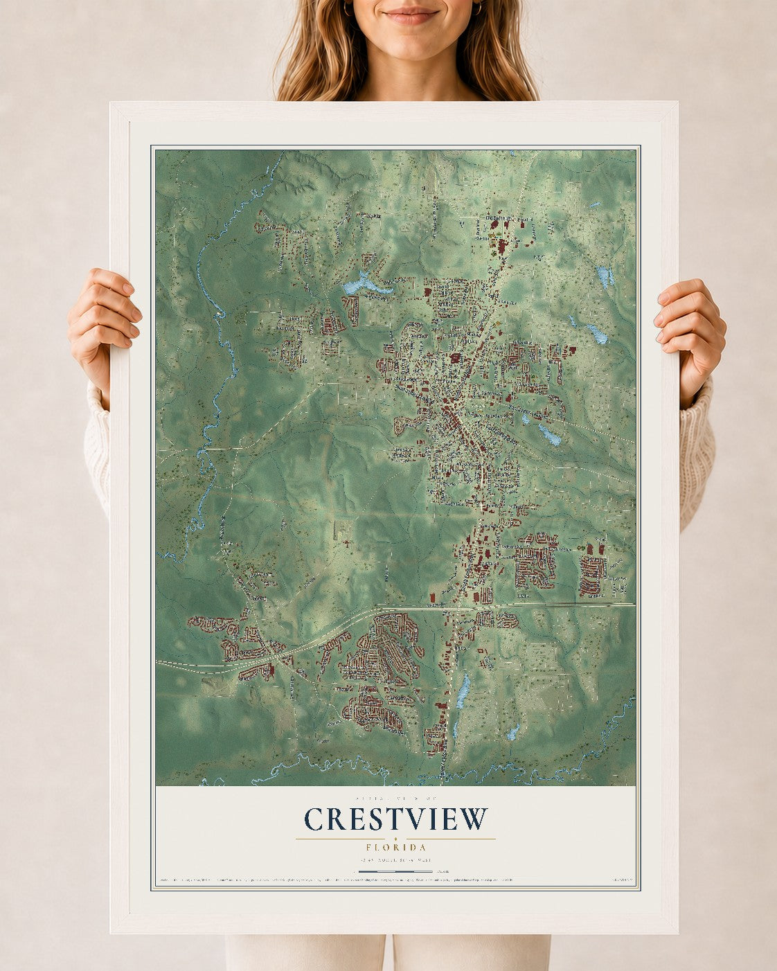 Crestview, Florida map print, 24" x 36" W/ White Ayous Wood Frame mockup