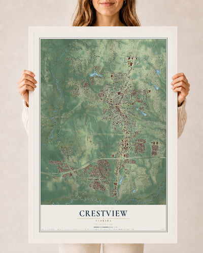 Crestview, Florida map print, 24" x 36" W/ White Ayous Wood Frame mockup