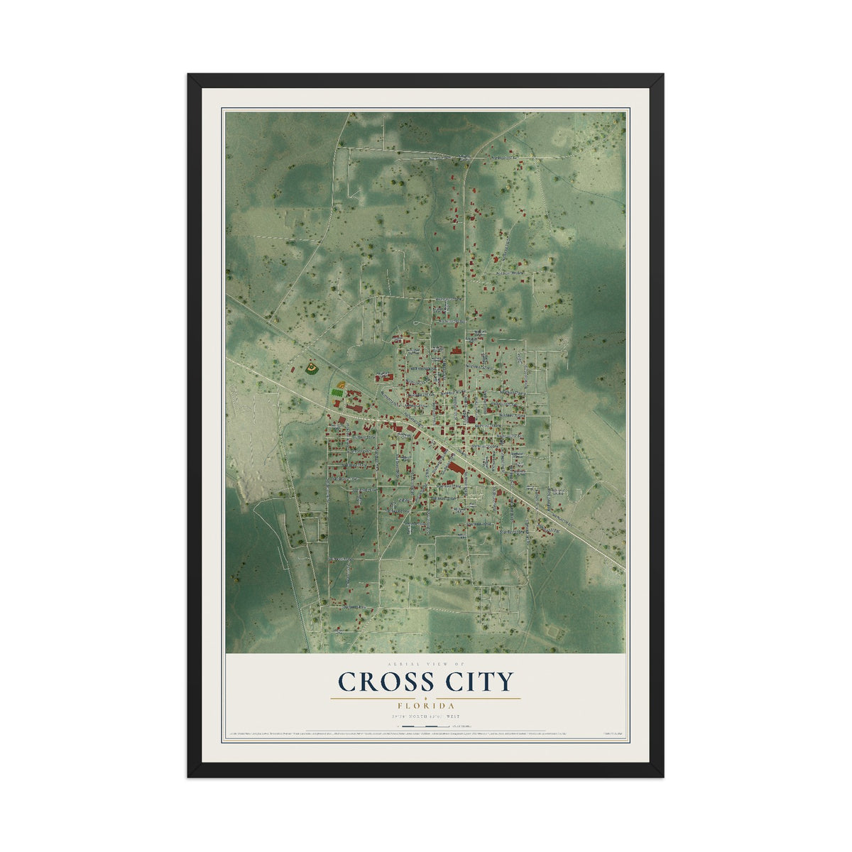 Cross City, Florida map print, 12" x 18" W/ Black Ayous Wood Frame mockup
