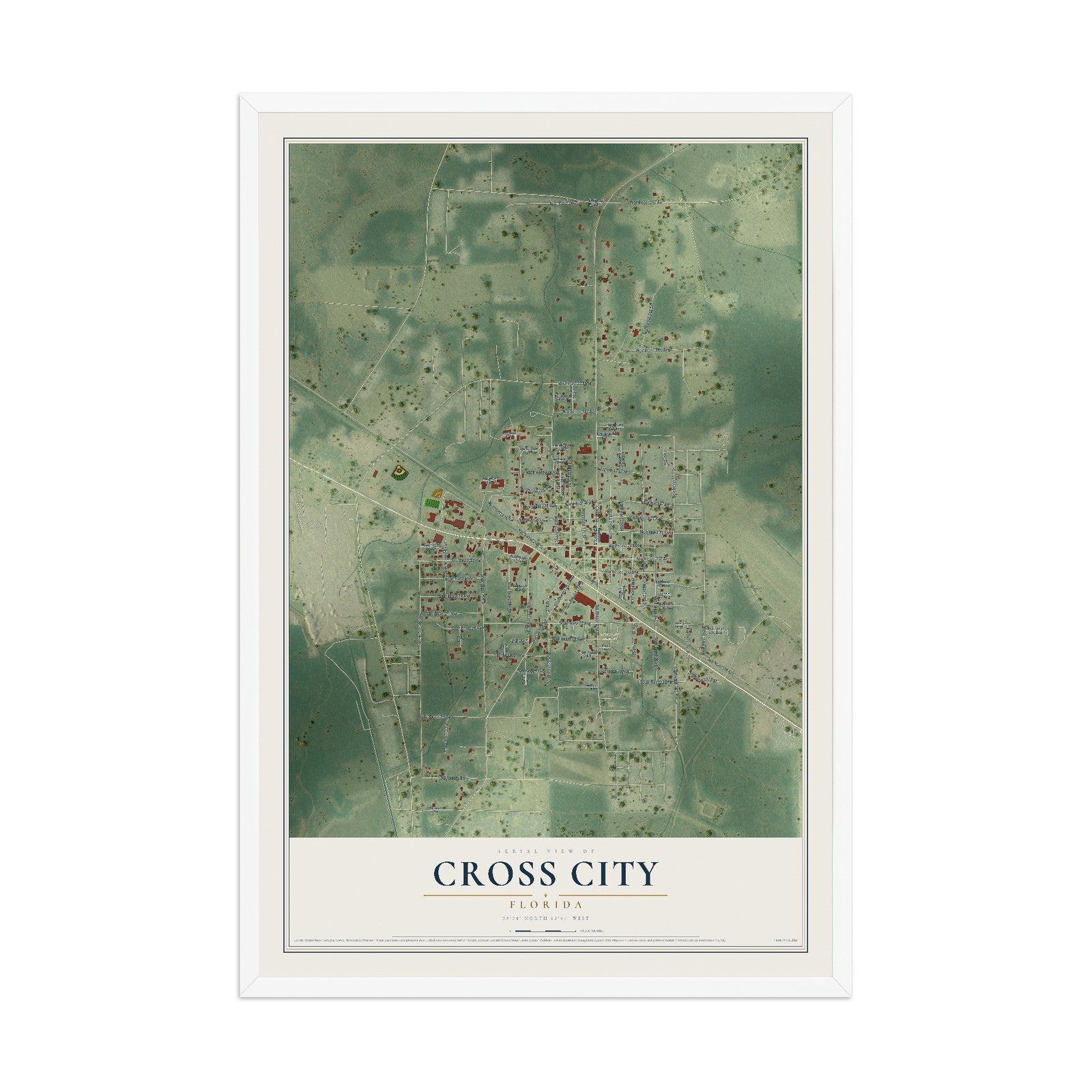Cross City, Florida map print, 12" x 18" W/ White Ayous Wood Frame mockup