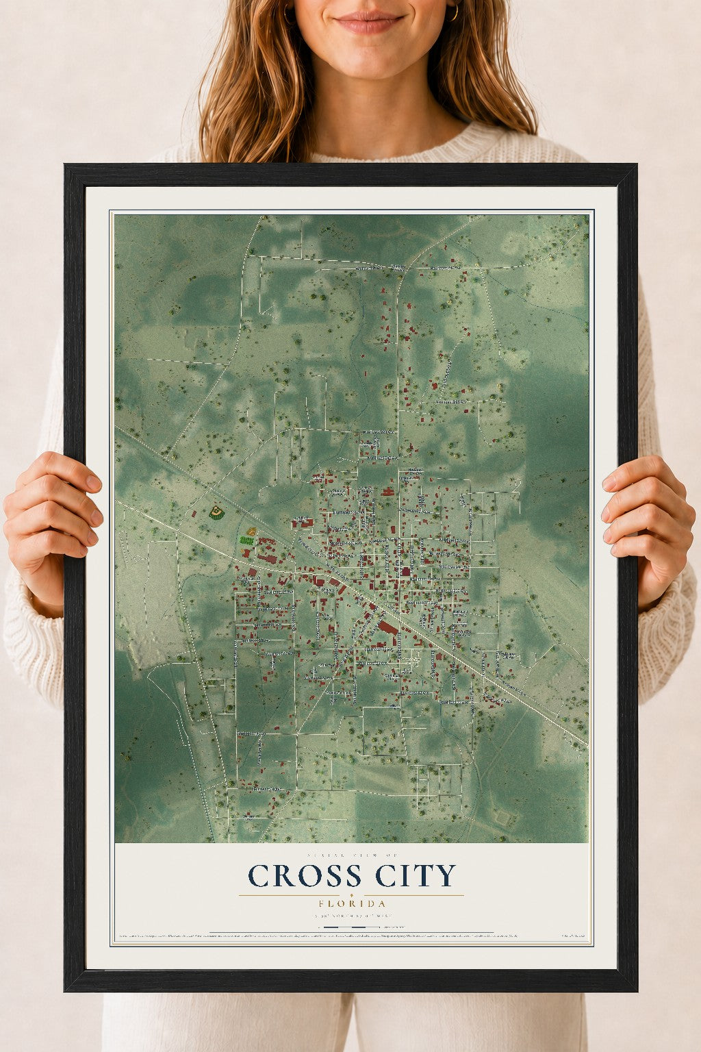 Cross City, Florida map print, 18" x 24" W/ Black Ayous Wood Frame mockup