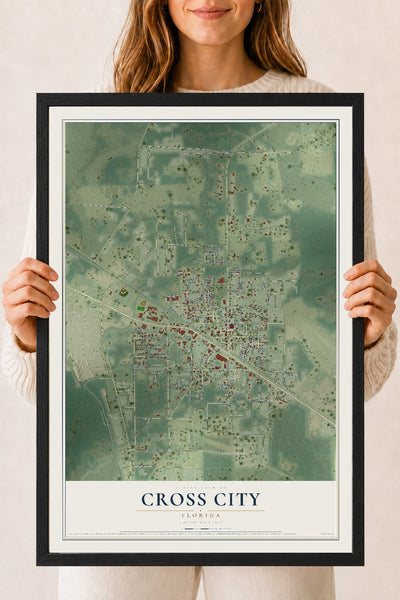 Cross City, Florida map print, 18" x 24" W/ Black Ayous Wood Frame mockup