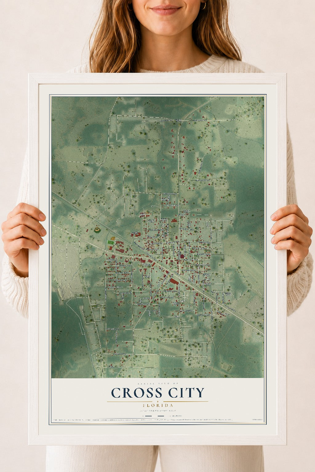 Cross City, Florida map print, 18" x 24" W/ White Ayous Wood Frame mockup