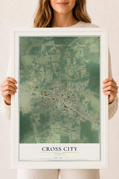 Cross City, Florida map print, 18" x 24" W/ White Ayous Wood Frame mockup