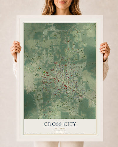 Cross City, Florida map print, 24" x 36" W/ White Ayous Wood Frame mockup