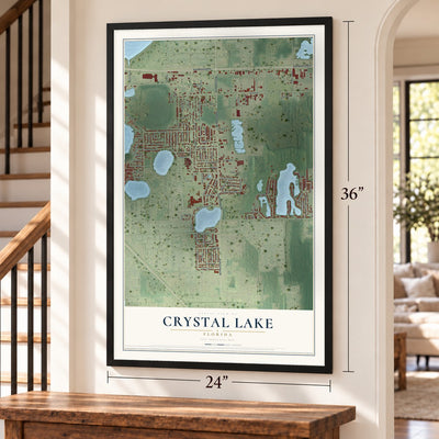 Crystal Lake, Florida map, 24 x 36 inch print in a black frame by a staircase