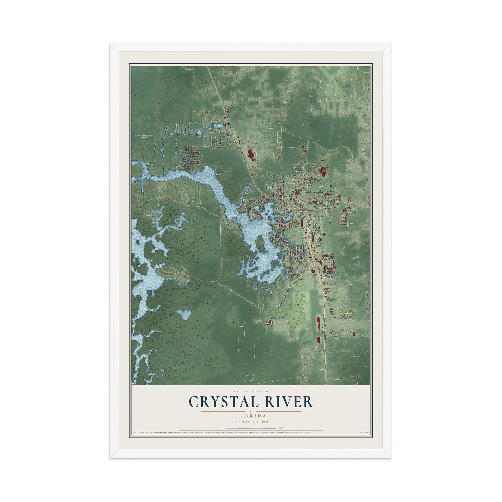 Crystal River, Florida map print, 12" x 18" W/ White Ayous Wood Frame mockup