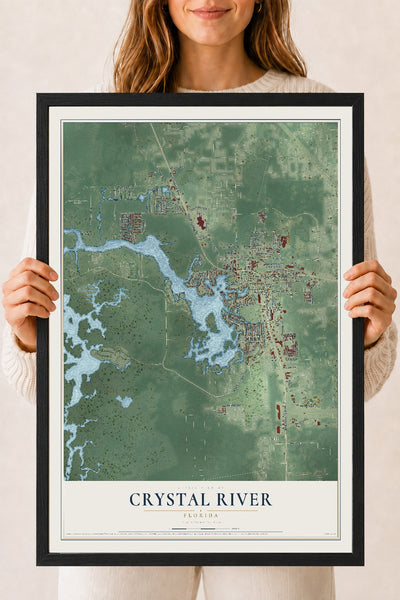 Crystal River, Florida map print, 18" x 24" W/ Black Ayous Wood Frame mockup