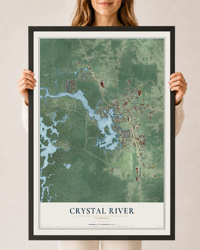 Crystal River, Florida map print, 24" x 36" W/ Black Ayous Wood Frame mockup