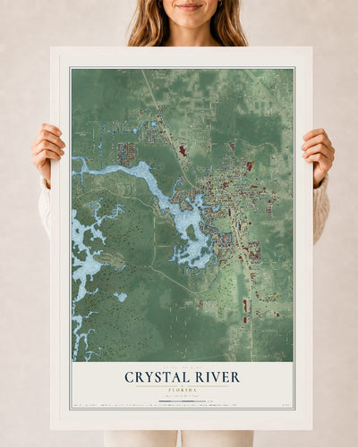 Crystal River, Florida map print, 24" x 36" W/ White Ayous Wood Frame mockup