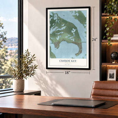 Cudjoe Key, Florida map, 18 x 24 inch print in a black frame in a home office