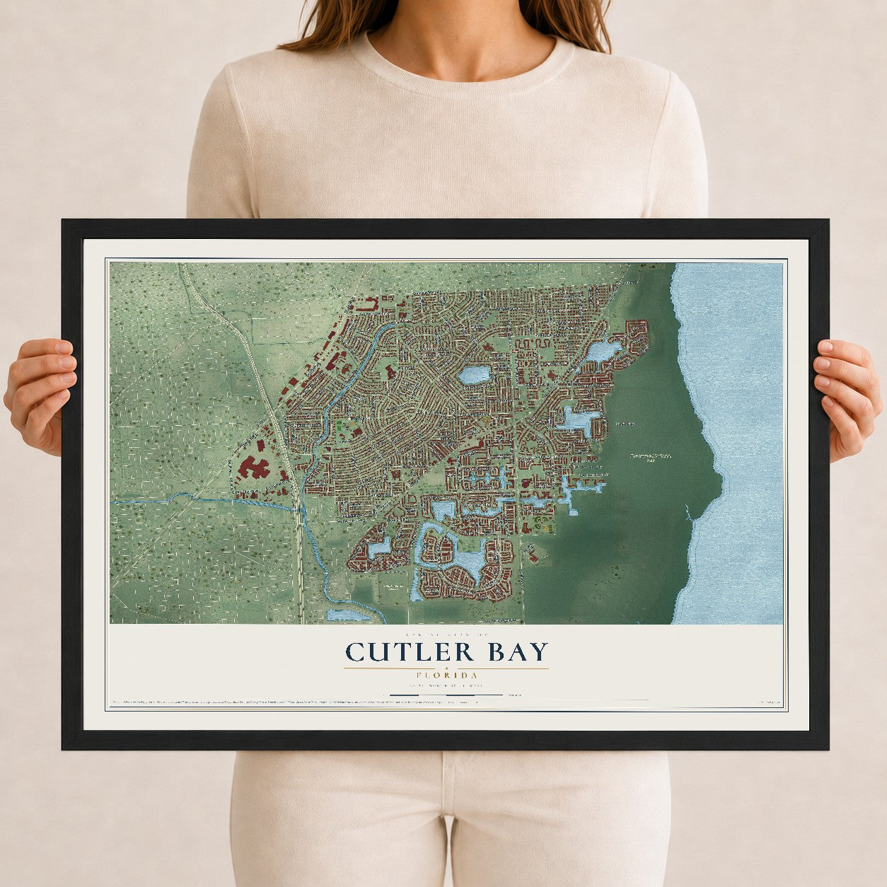 Cutler Bay, Florida map print, 12" x 18" W/ Black Ayous Wood Frame mockup