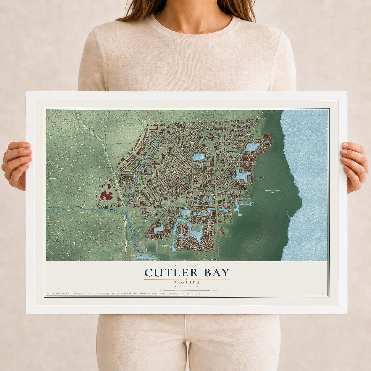 Cutler Bay, Florida map print, 12" x 18" W/ White Ayous Wood Frame mockup