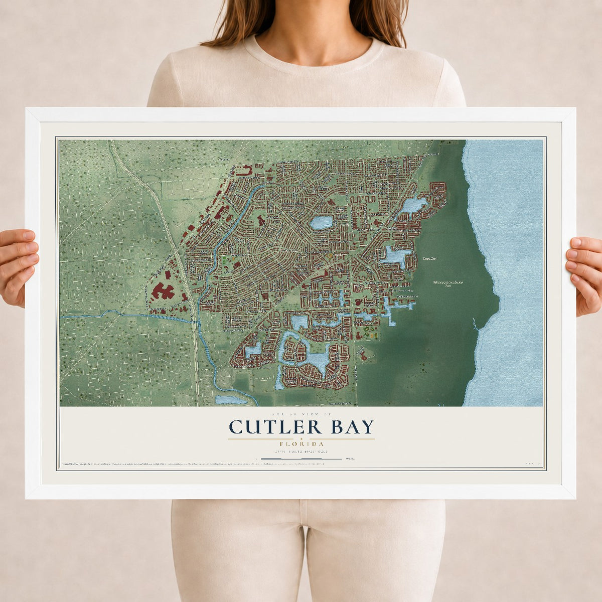 Cutler Bay, Florida map print, 18" x 24" W/ White Ayous Wood Frame mockup