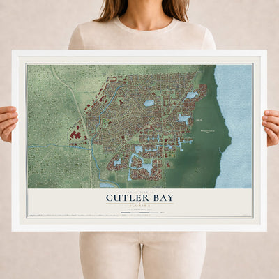 Cutler Bay, Florida map print, 18" x 24" W/ White Ayous Wood Frame mockup
