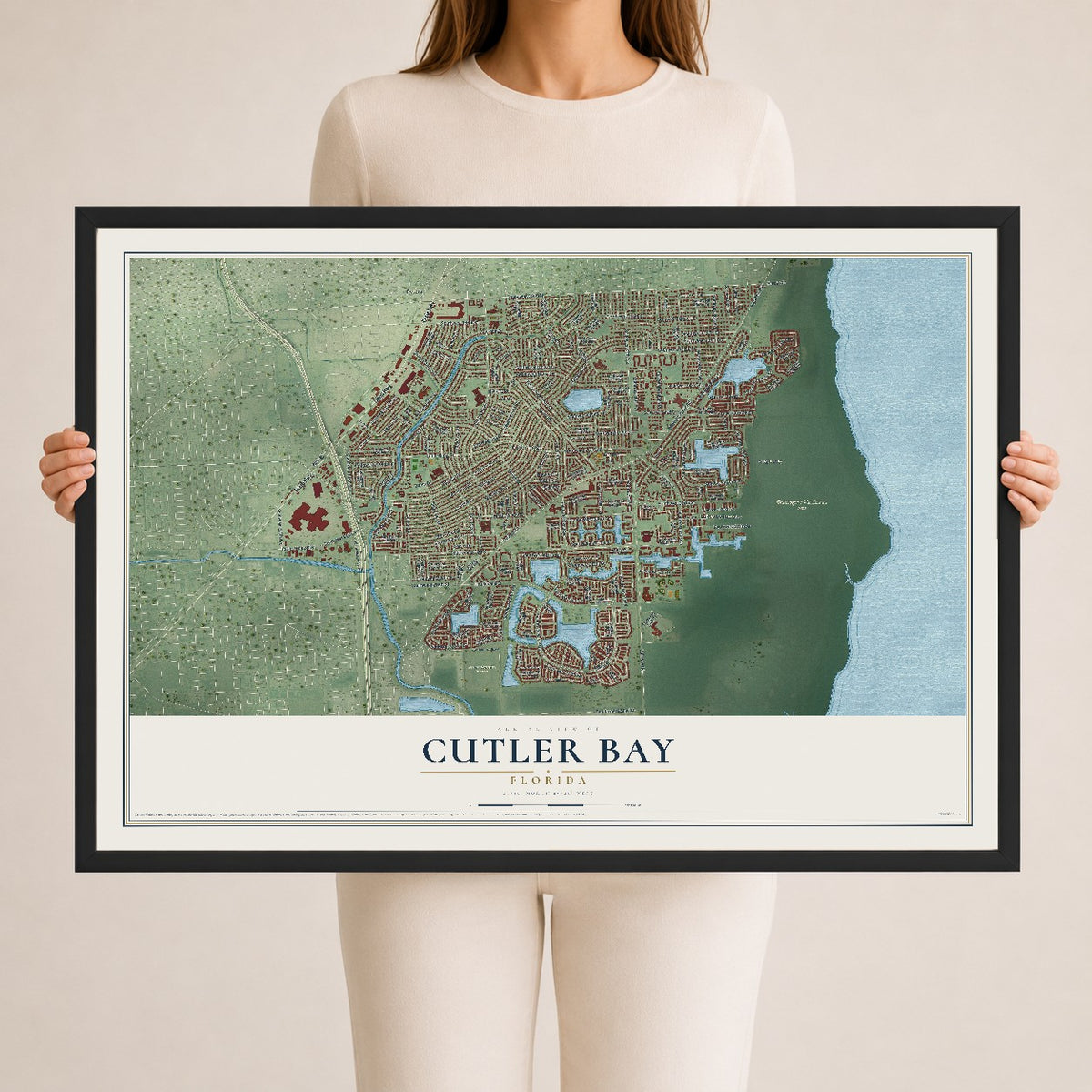 Cutler Bay, Florida map print, 24" x 36" W/ Black Ayous Wood Frame mockup