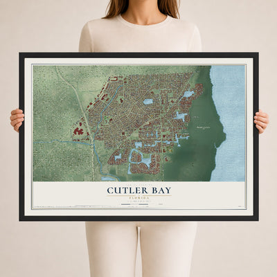 Cutler Bay, Florida map print, 24" x 36" W/ Black Ayous Wood Frame mockup