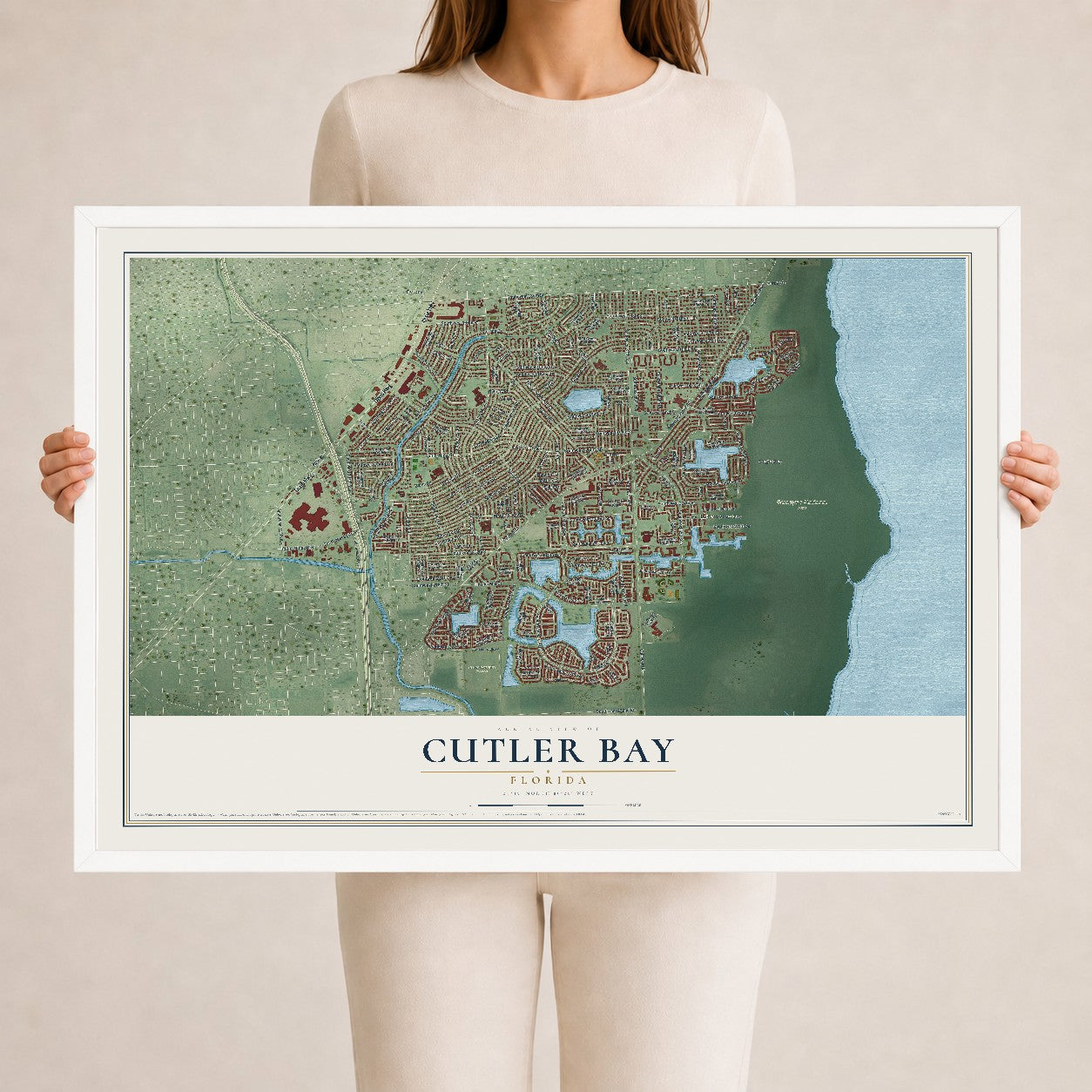 Cutler Bay, Florida map print, 24" x 36" W/ White Ayous Wood Frame mockup