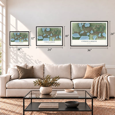 Cypress Gardens, Florida map in 12 x 18, 18 x 24 and 24 x 36 inch sizes above a sofa