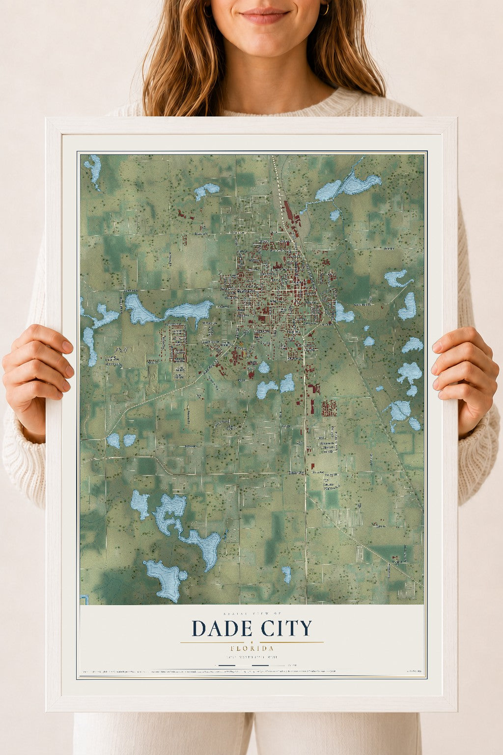Dade City, Florida map print, 18" x 24" W/ White Ayous Wood Frame mockup