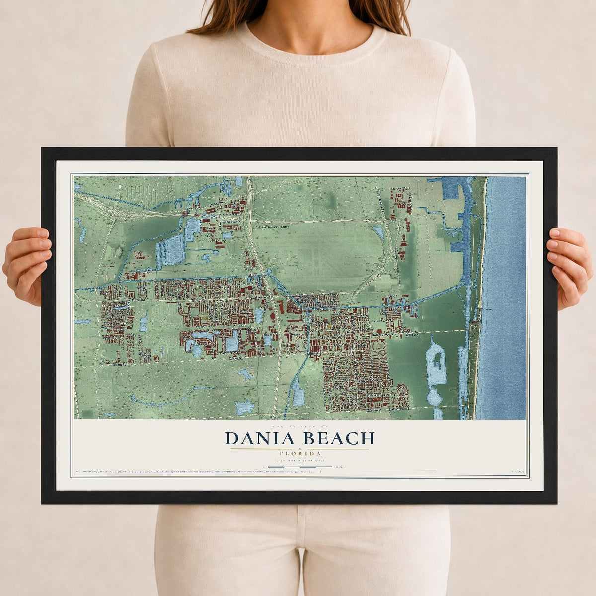 Dania Beach, Florida map print, 12" x 18" W/ Black Ayous Wood Frame mockup