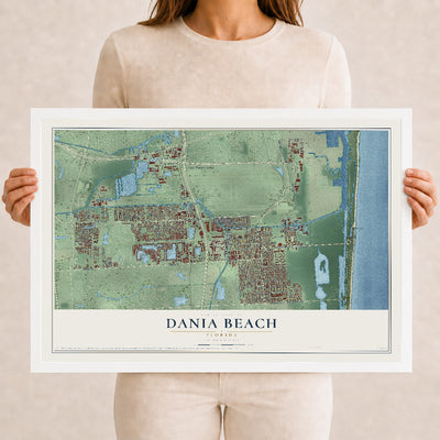 Dania Beach, Florida map print, 12" x 18" W/ White Ayous Wood Frame mockup