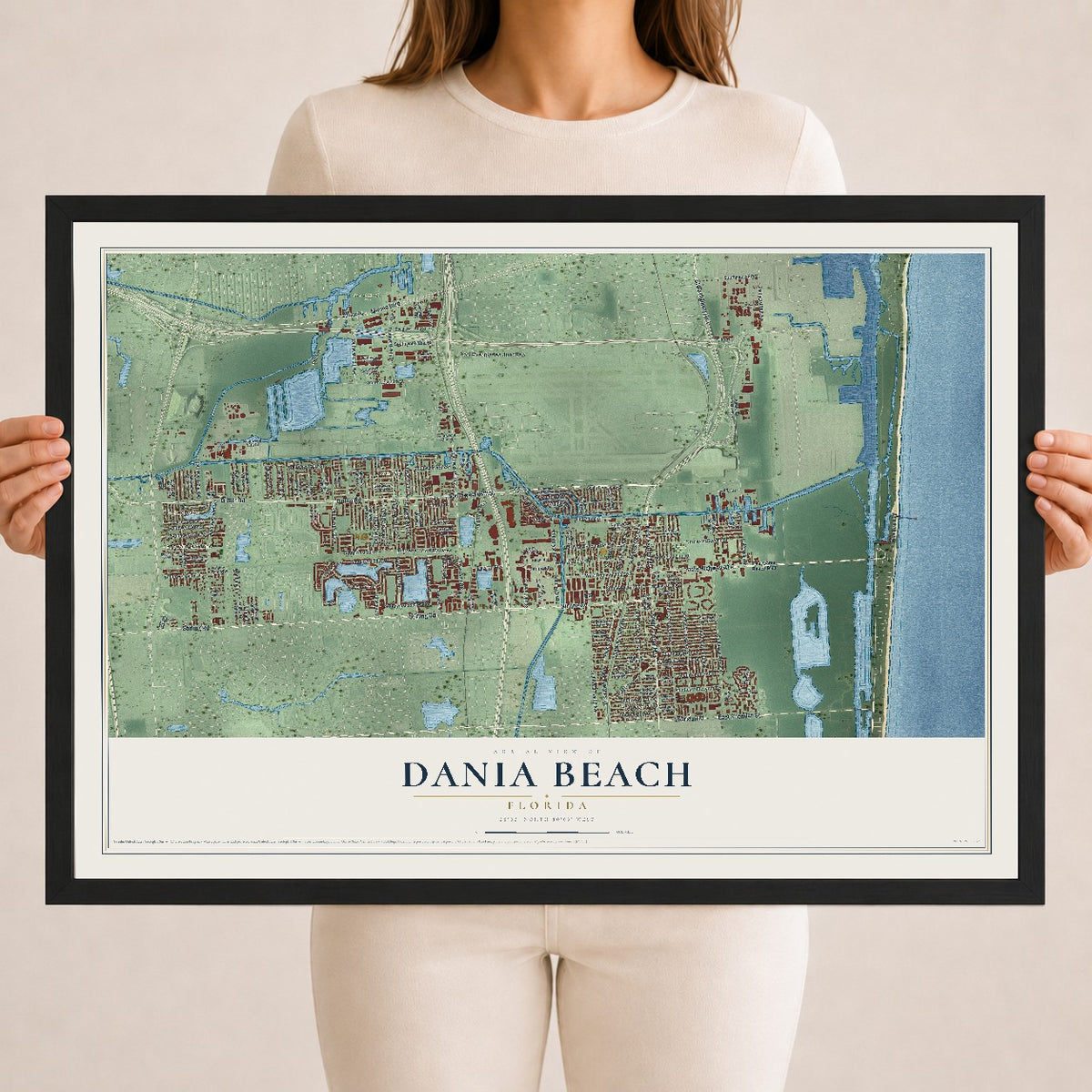 Dania Beach, Florida map print, 18" x 24" W/ Black Ayous Wood Frame mockup