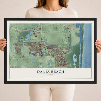 Dania Beach, Florida map print, 18" x 24" W/ Black Ayous Wood Frame mockup