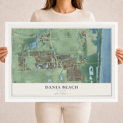Dania Beach, Florida map print, 18" x 24" W/ White Ayous Wood Frame mockup