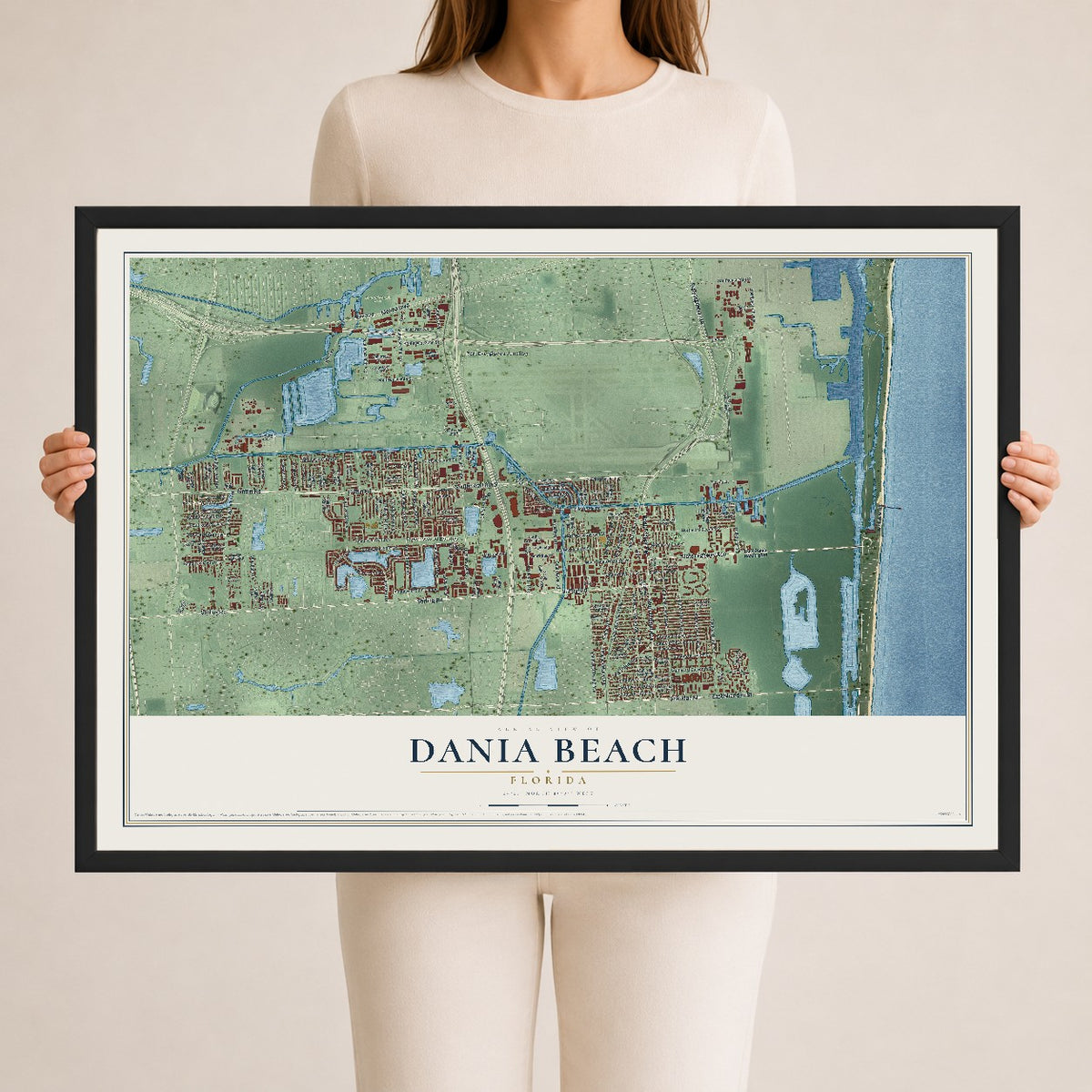 Dania Beach, Florida map print, 24" x 36" W/ Black Ayous Wood Frame mockup