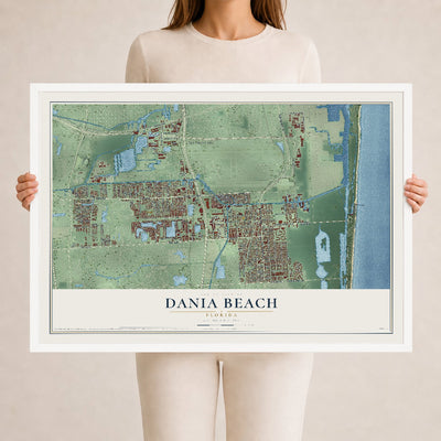 Dania Beach, Florida map print, 24" x 36" W/ White Ayous Wood Frame mockup