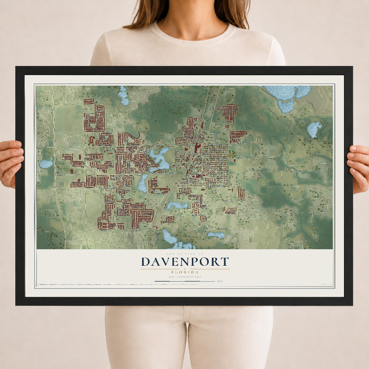 Davenport, Florida map print, 18" x 24" W/ Black Ayous Wood Frame mockup