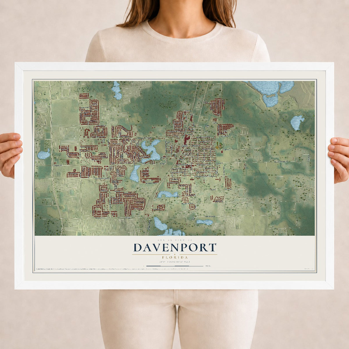 Davenport, Florida map print, 18" x 24" W/ White Ayous Wood Frame mockup