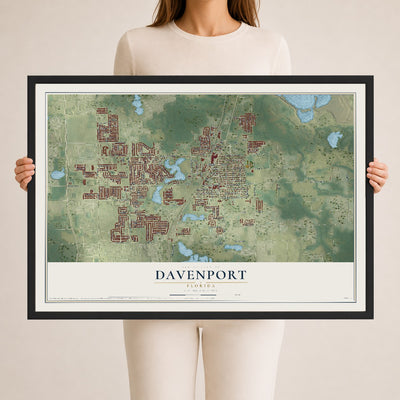 Davenport, Florida map print, 24" x 36" W/ Black Ayous Wood Frame mockup