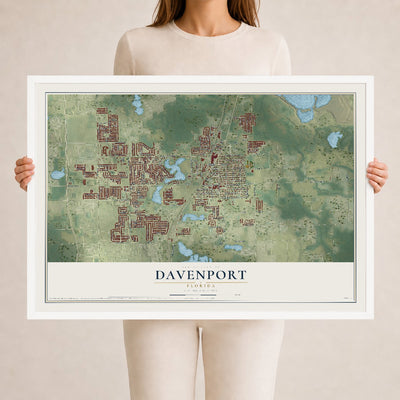 Davenport, Florida map print, 24" x 36" W/ White Ayous Wood Frame mockup